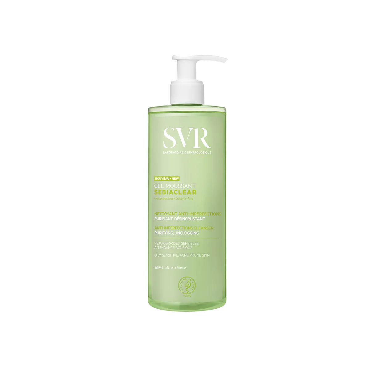 SVR SEBIACLEAR Gel Moussant – nettoyant visage purifiant pour peau grasse et acnéique, disponible sur laparadulac.com, parapharmacie en ligne tunisienne.