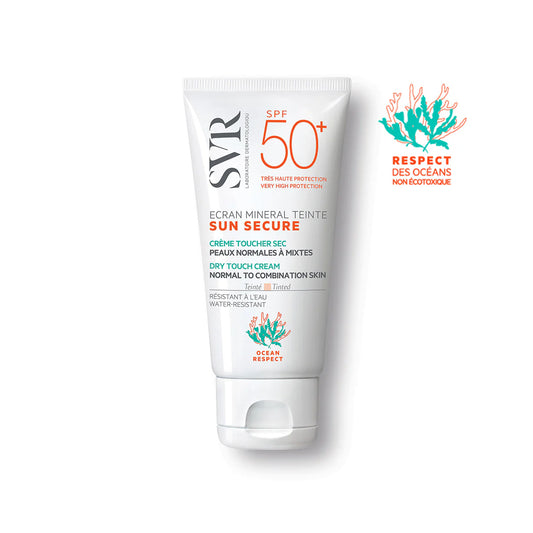 SVR SUN SECURE Écran Minéral Teinté SPF50 – solaire teinté pour peaux normales à mixtes. Disponible sur laparadulac.com, parapharmacie Tunisie à prix mini.