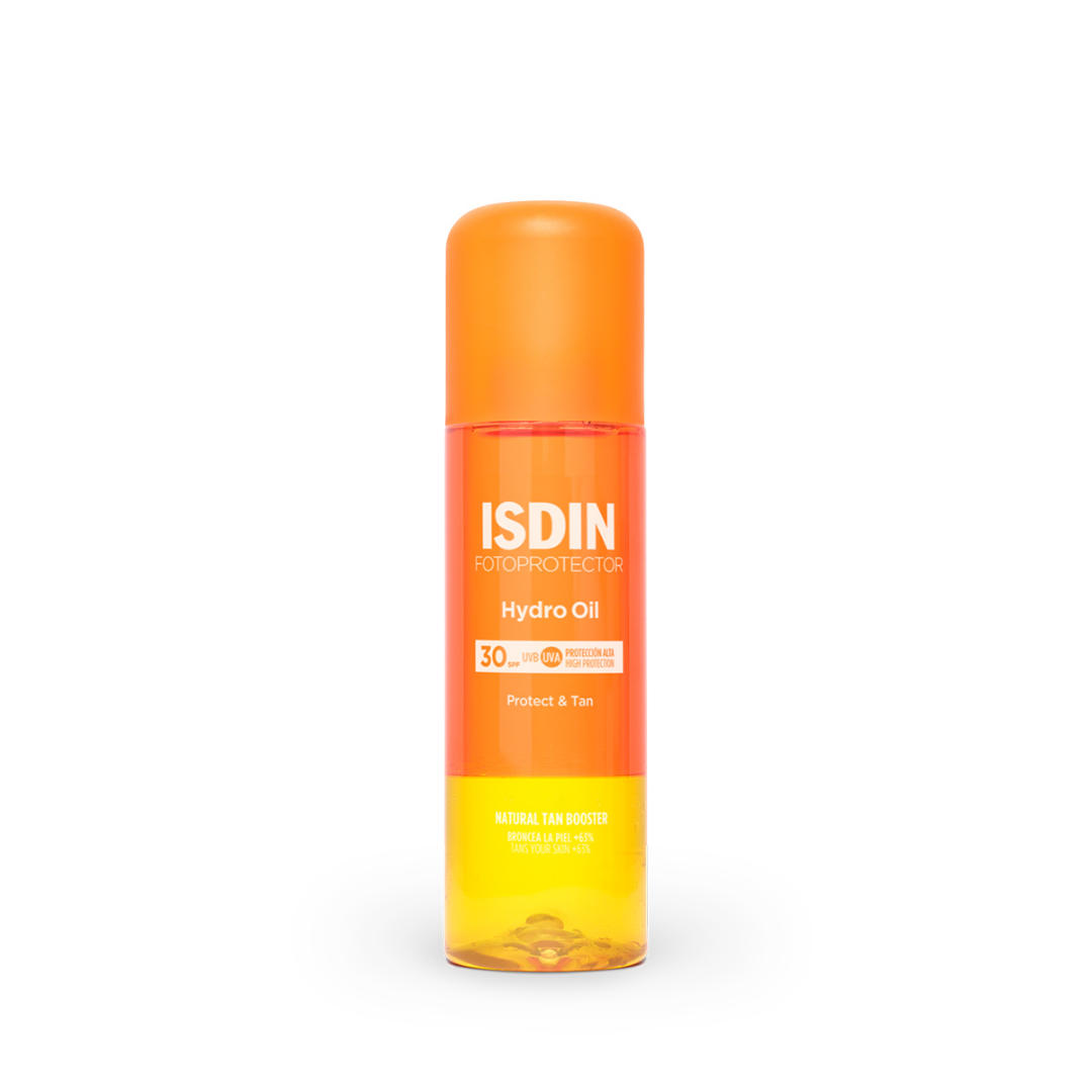 Fotoprotector ISDIN Hydro Oil SPF 30 – huile solaire biphasée pour corps, hydratante et bronzante, en vente chez Laparadulac Parapharmacie Tunisie.