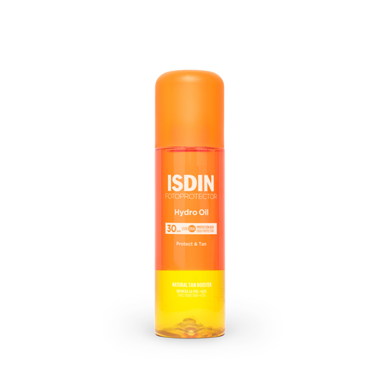 Fotoprotector ISDIN Hydro Oil SPF 30 – huile solaire biphasée pour corps, hydratante et bronzante, en vente chez Laparadulac Parapharmacie Tunisie.