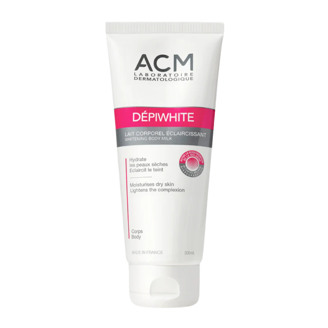 "ACM Depiwhite lait éclaircissant 200 ml sur laparadulac.com, parapharmacie Tunisie, soin hydratant et anti-taches pour peau sèche et teint uniforme."