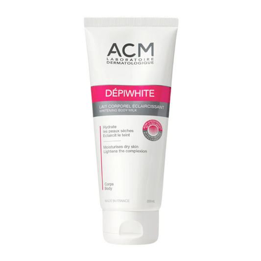 "ACM Depiwhite lait éclaircissant 200 ml sur laparadulac.com, parapharmacie Tunisie, soin hydratant et anti-taches pour peau sèche et teint uniforme."