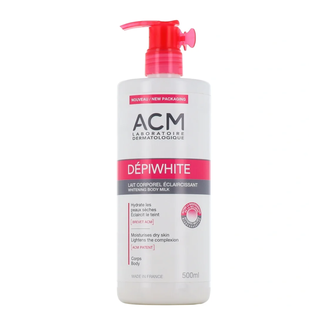 "ACM Depiwhite lait éclaircissant 500 ml sur laparadulac.com, parapharmacie Tunisie, soin unifiant hydratant pour peau sèche et irrégularités pigmentaires."