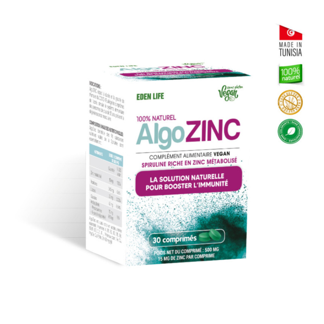 AlgoZinc Eden Life, spiruline enrichie en zinc, 30 comprimés pour l’immunité et la peau, disponible sur laparadulac.com – parapharmacie Tunisie.