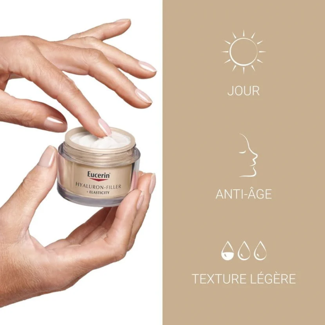 EUCERIN Hyaluron-Filler + Elasticity Soin de Jour SPF15 Tunisie – crème anti-rides et fermeté visage, soin hydratant à l’acide hyaluronique et collagène, protection solaire SPF15, dermocosmétique Eucerin, parapharmacie en ligne Tunisie Lac 2, produits EUCERIN originaux pas cher Tunisie, acheter Hyaluron-Filler Elasticity Jour en Tunisie sur laparadulac.com