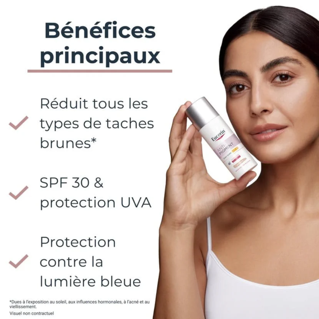 EUCERIN Anti-Pigment Crème de Jour SPF30 Tunisie – soin visage dépigmentant anti-taches brunes, crème hydratante protectrice SPF30, dermocosmétique Eucerin, parapharmacie en ligne Tunisie Lac 2, produits EUCERIN originaux pas cher Tunisie, acheter crème Anti-Pigment Eucerin en Tunisie sur laparadulac.com