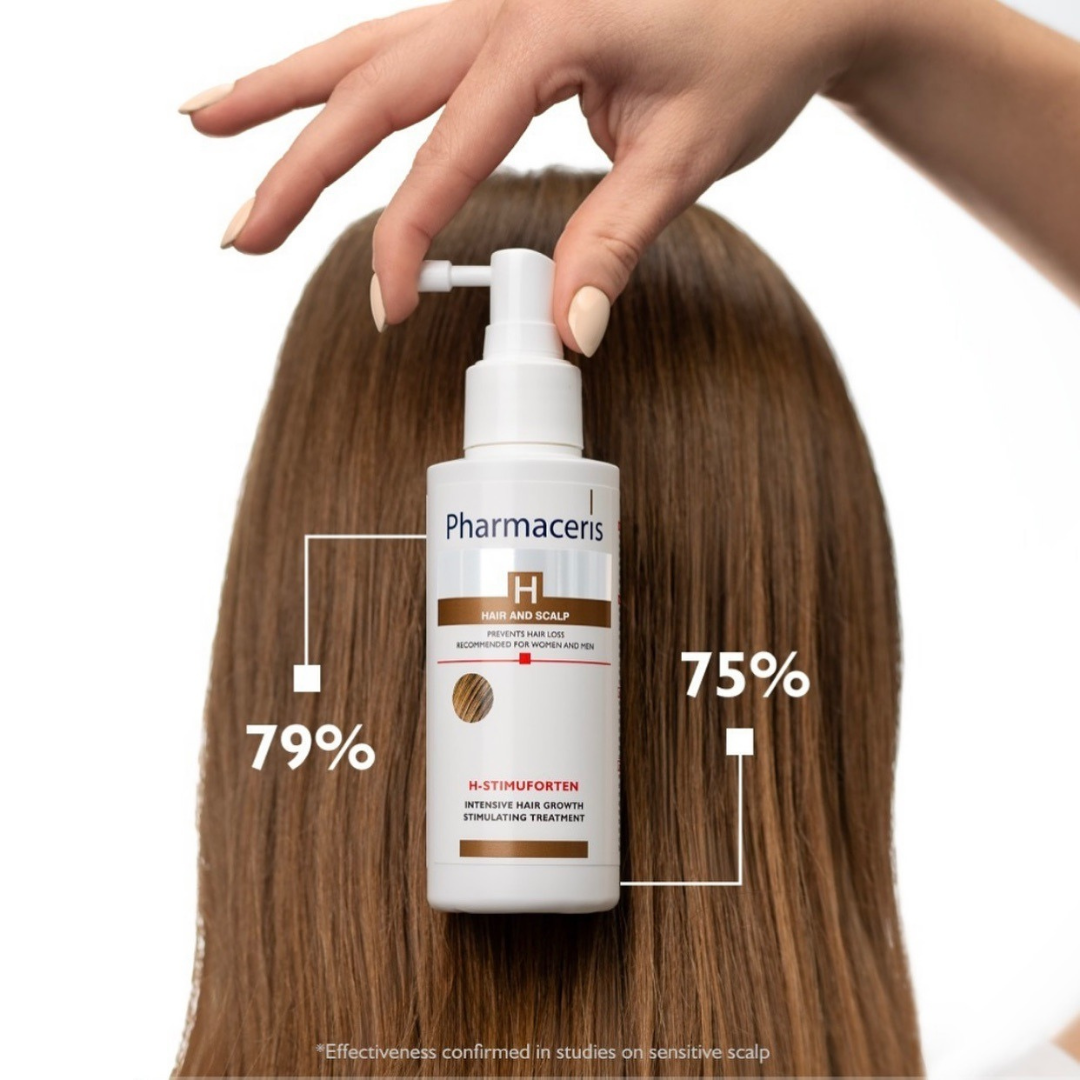 Spray PHARMACERIS H-StimuForten 125ml pour la repousse capillaire, disponible sur laparadulac.com – parapharmacie Tunisie.