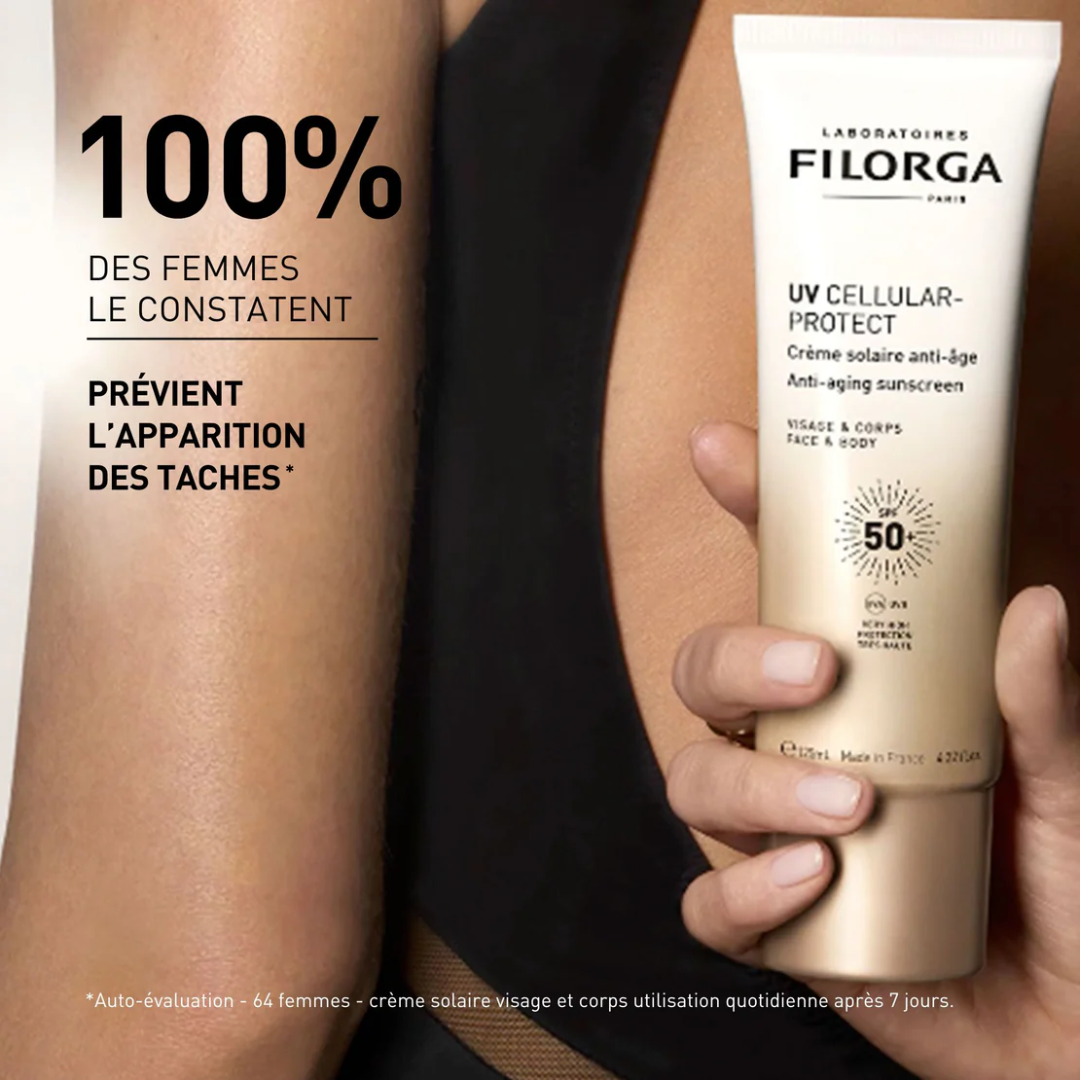 FILORGA UV Cellular Protect Corps SPF50+ Tunisie – crème solaire anti-âge corps, soin protecteur haute protection UVA/UVB et antioxydant, cosmétique française haut de gamme FILORGA, parapharmacie en ligne Tunisie Lac 2, produits solaires FILORGA originaux pas cher Tunisie, acheter FILORGA UV Cellular Protect Corps SPF50+ en Tunisie sur laparadulac.com