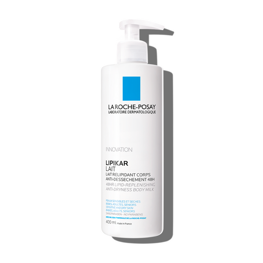 Flacon de 400ml du La Roche-Posay Lipikar Lait Urea 10%, lait hydratant pour peaux très sèches et rugueuses.