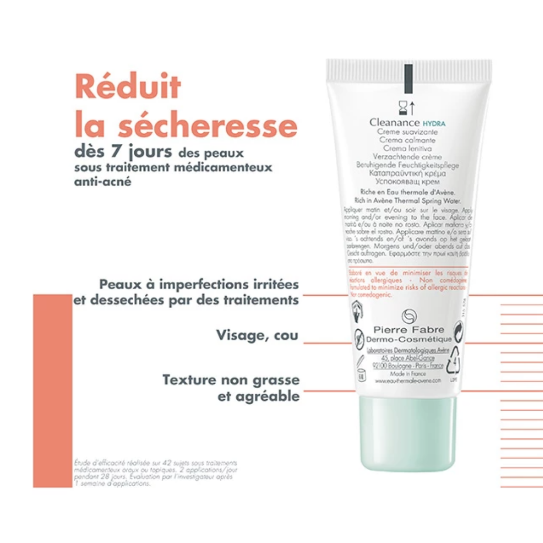 Avène Cleanance HYDRA Crème apaisante 40 ml – soin hydratant post‑traitement anti‑acné – laparadulac.com, parapharmacie Tunisie