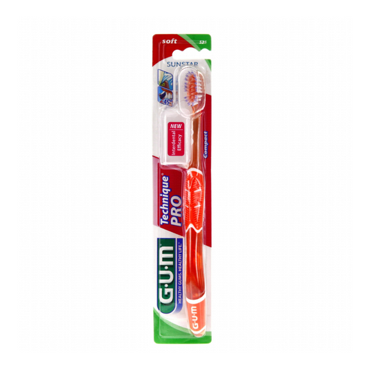 Brosse à dents GUM Technique Pro Souple 525, laparadulac.com, parapharmacie Tunisie, manche Quad-Grip 45°, brins deux niveaux, nettoyage interdentaire