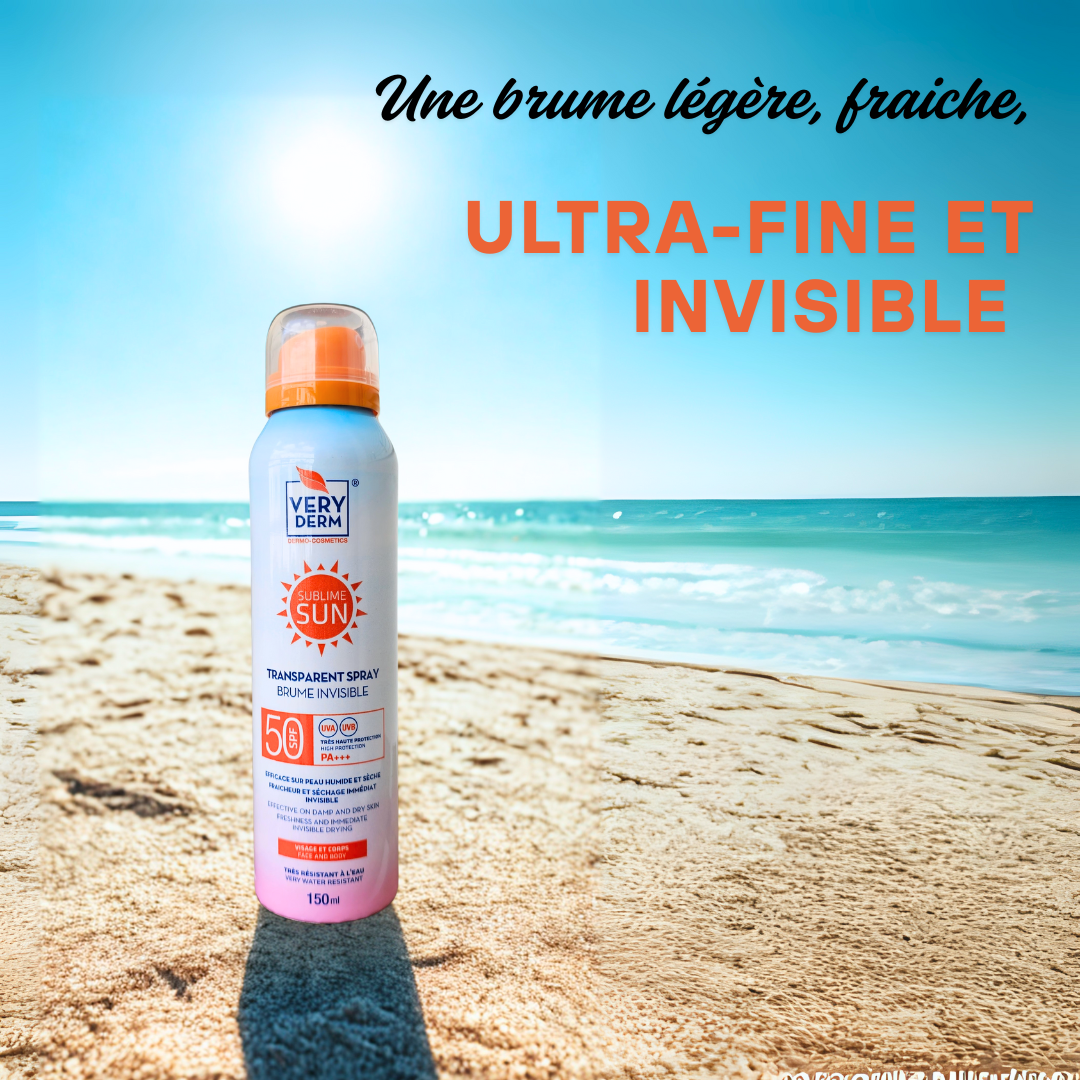 VERY DERM Brume Invisible SPF50+ visage et corps. Spray solaire efficace, séchage rapide, utilisable sur peau humide ou sèche. Disponible sur laparadulac.com – votre parapharmacie Tunisie de confiance.