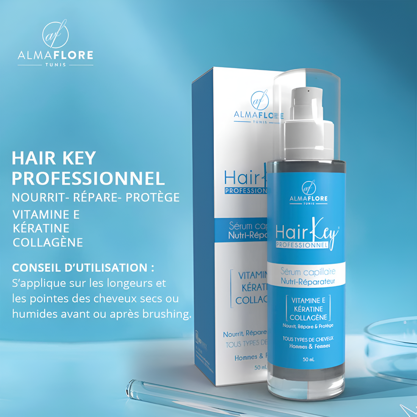 Sérum cheveux Almaflore 50ml kératine, vitamine E et collagène – soin capillaire sur laparadulac.com, parapharmacie Tunisie.