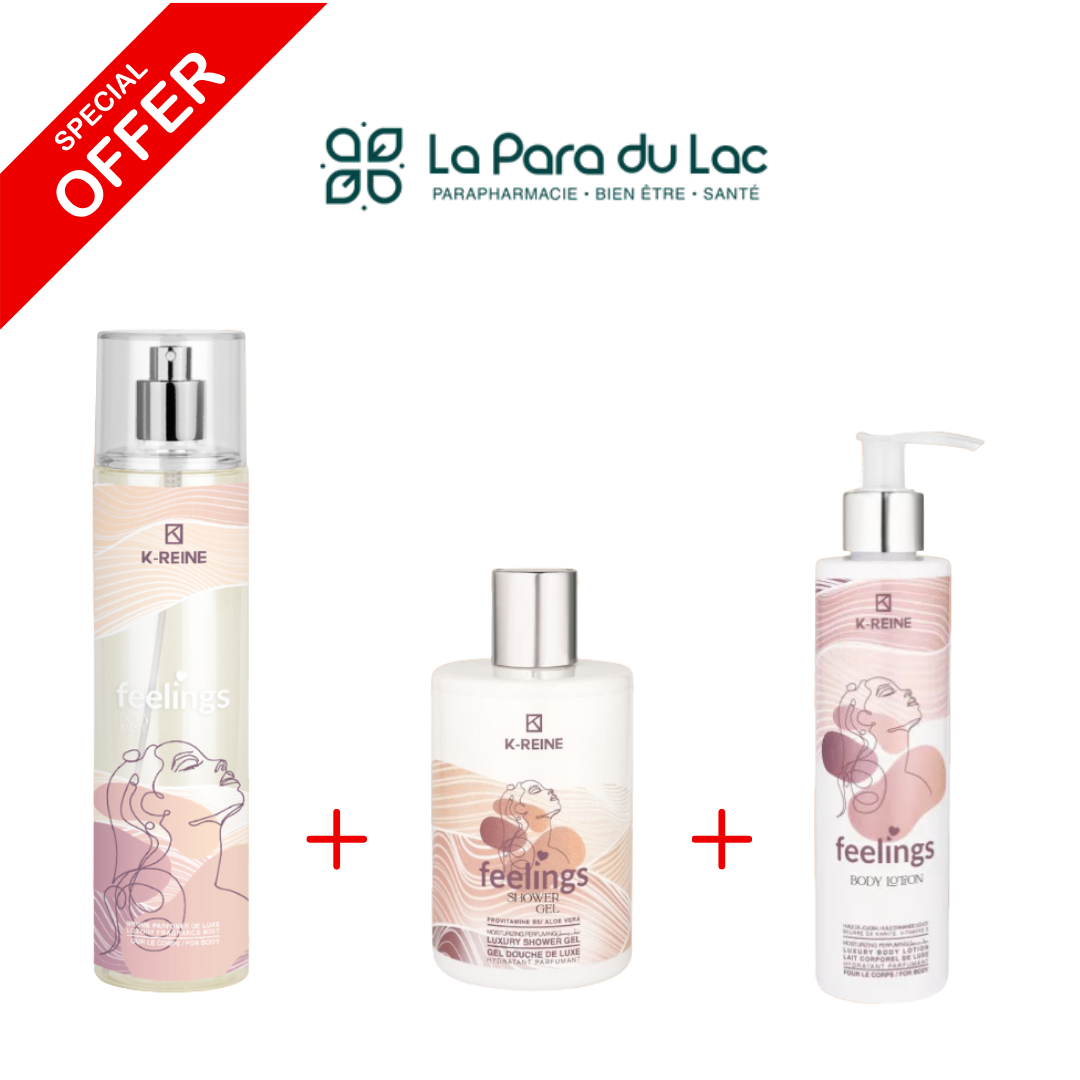 Coffret Feelings KâREINE : Lait corps, gel douche et brume parfumĂ©e en format 200âŻml, 300âŻml, 230âŻml â disponible sur laparadulac.com, parapharmacie Tunisie.