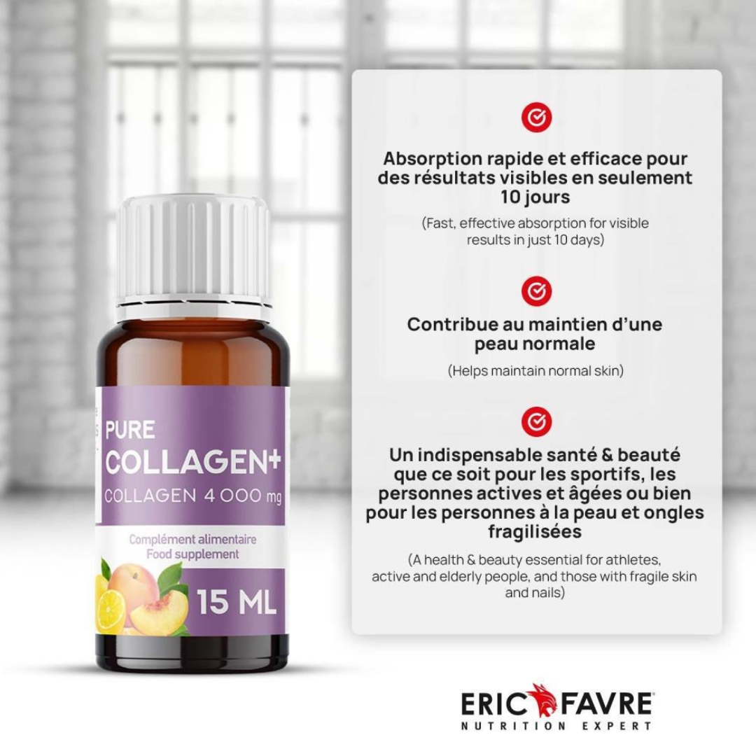 Photo du produit Eric Favre Pure Collagen+ en fioles – complément alimentaire beauté à base de collagène marin, hyaluronique, zinc et sélénium