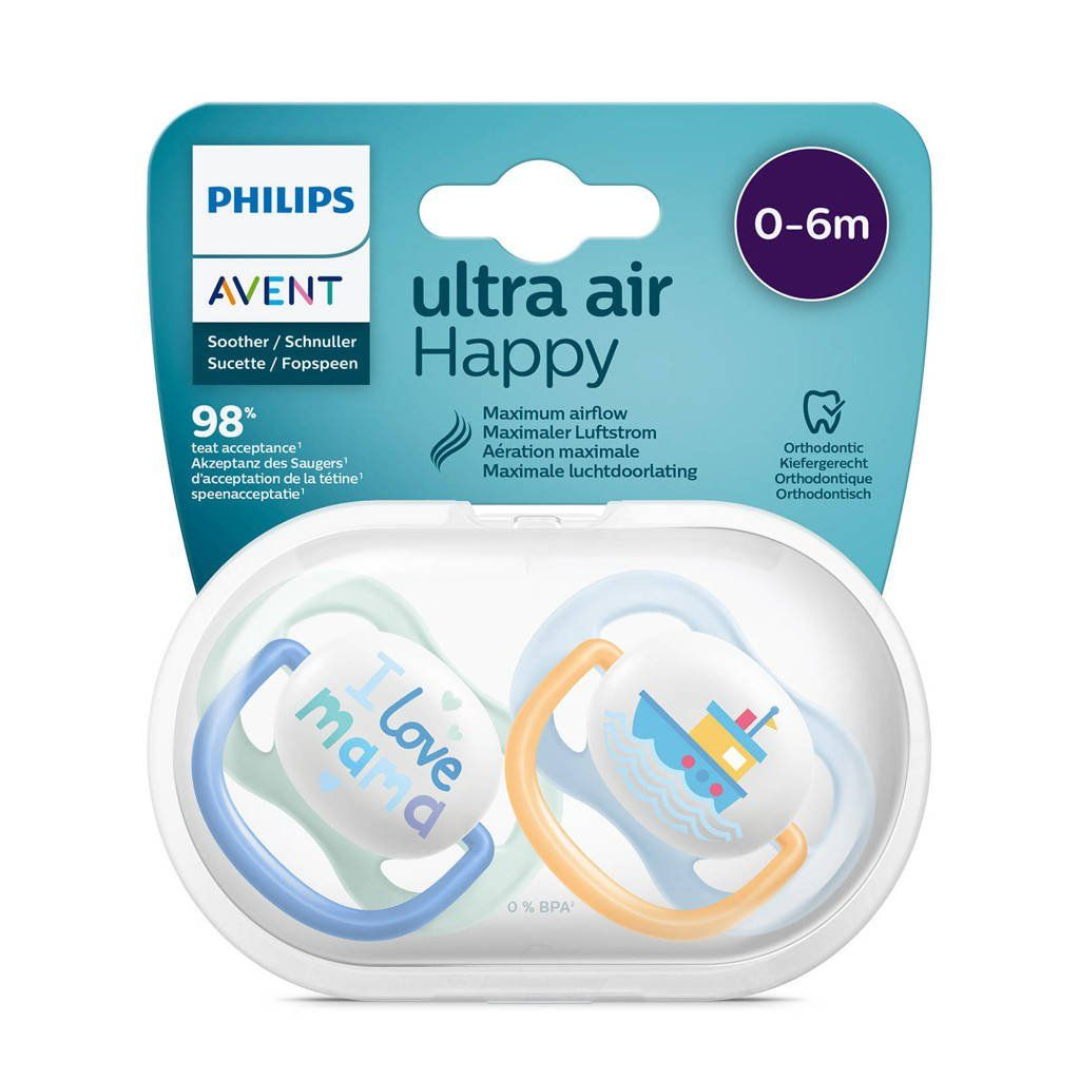 Sucettes Avent Ultra Air garçon 0-6M avec boîte, disponibles sur laparadulac.com, parapharmacie Tunisie.