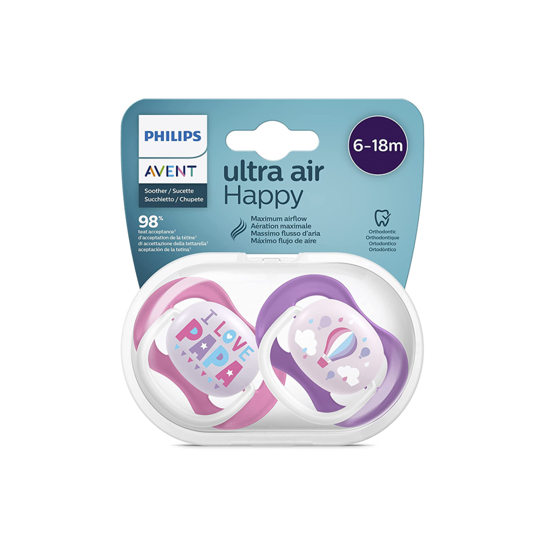 Sucettes Ultra Air Happy Avent 6-18M fille, avec ventilation optimale sur laparadulac.com, parapharmacie Tunisie.