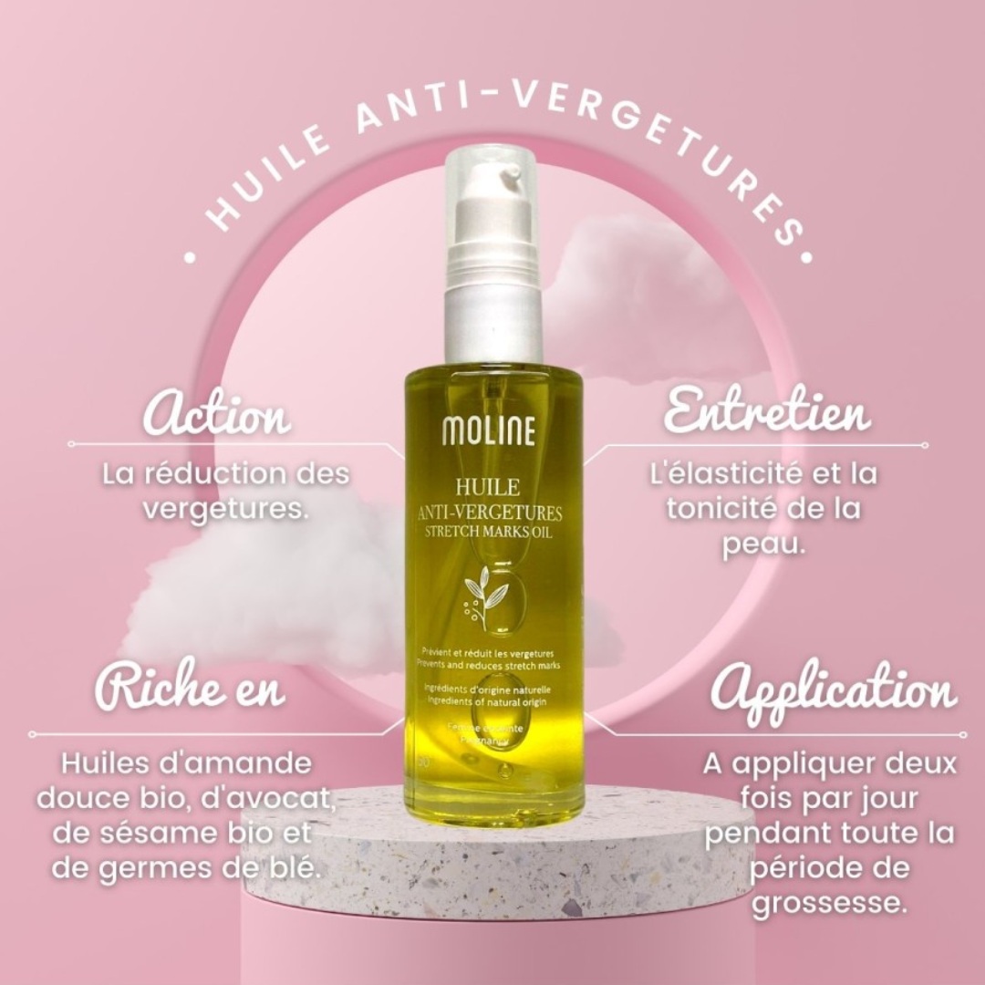 Huile Anti-Vergeture Moline 50ml disponible sur laparadulac.com, parapharmacie Tunisie : soin naturel pour prévenir et atténuer les vergetures.