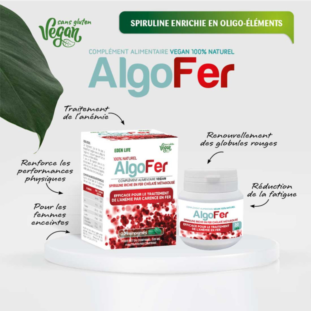 Algofer Eden Life, spiruline enrichie en fer – 30 comprimés pour l’énergie et la mémoire, disponible sur laparadulac.com – parapharmacie Tunisie.