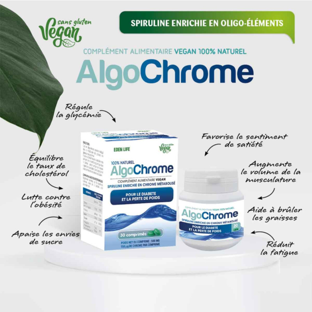 ComplĂ©ment alimentaire AlgoChrome Eden Life 30 comprimĂ©s, disponible sur laparadulac.com â parapharmacie Tunisie, idĂ©al pour la santĂ© mĂ©tabolique.
