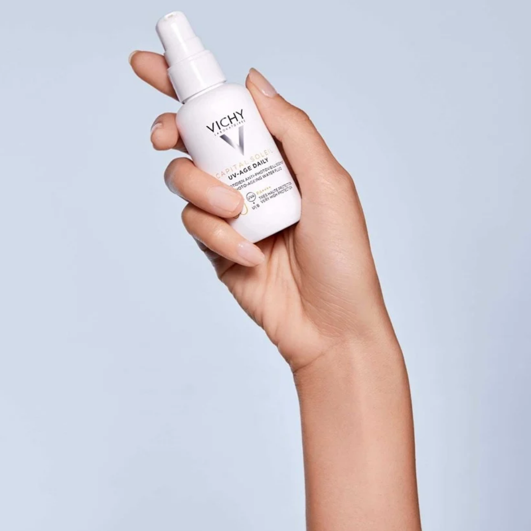 Fluide anti-âge UV-Age Daily Vichy SPF 50+ sur laparadulac.com, parapharmacie Tunisie pour photoprotection visage à Tunis.