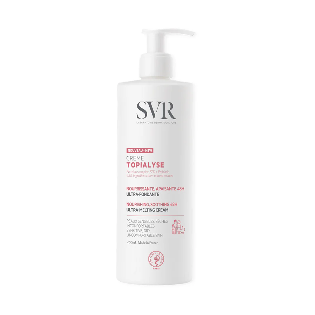 Crème nourrissante SVR Topialyse 400ml visage et corps sur laparadulac.com – parapharmacie Tunisie pour peaux sèches de toute la famille. SVR Tunisie.