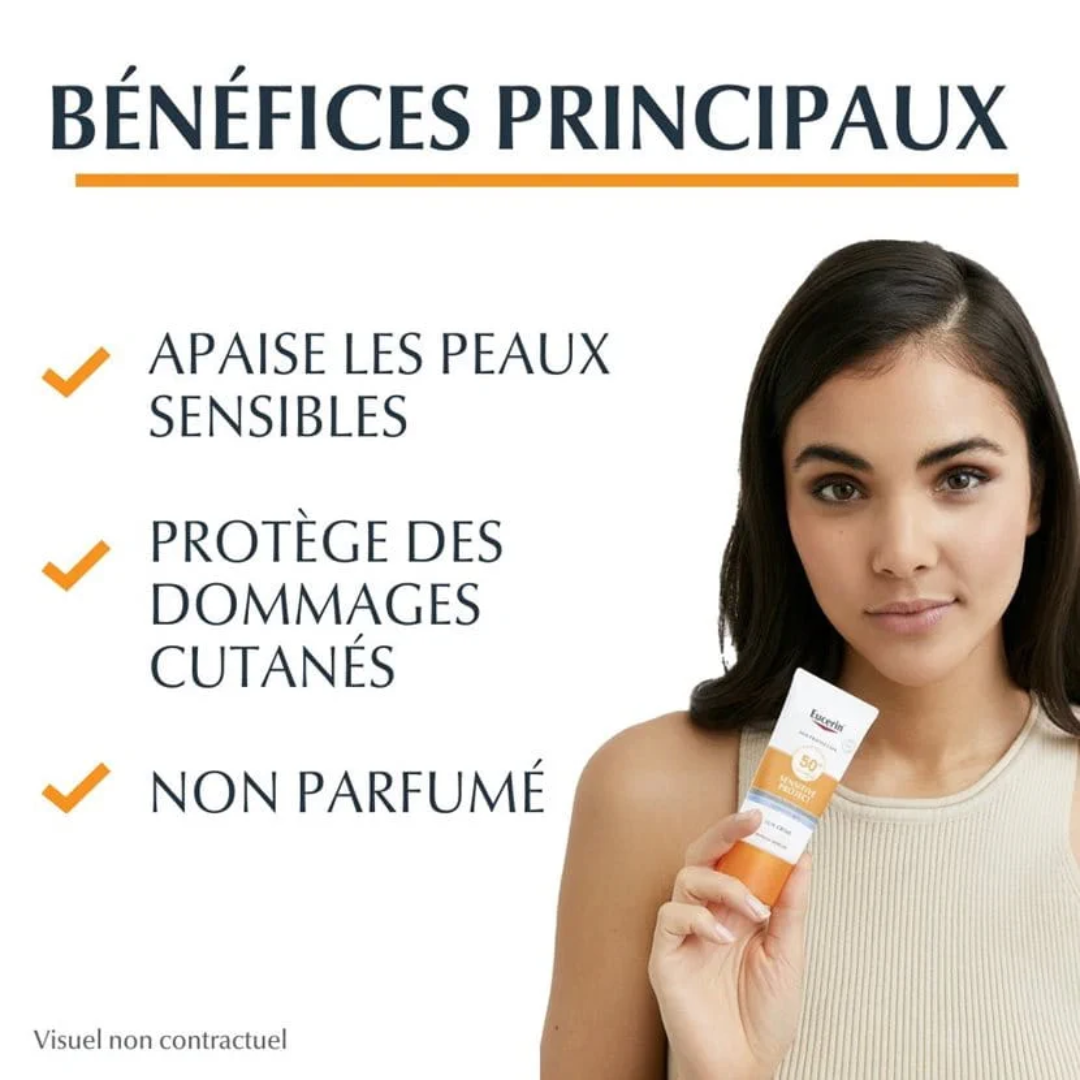 EUCERIN Sun Protection Sensitive Protect Crème SPF50+ Tunisie – crème solaire visage haute protection UVA/UVB, soin protecteur peau sensible et sujette aux allergies solaires, dermocosmétique Eucerin, parapharmacie en ligne Tunisie Lac 2, produits EUCERIN originaux pas cher Tunisie, acheter crème solaire Eucerin SPF50+ en Tunisie sur laparadulac.com