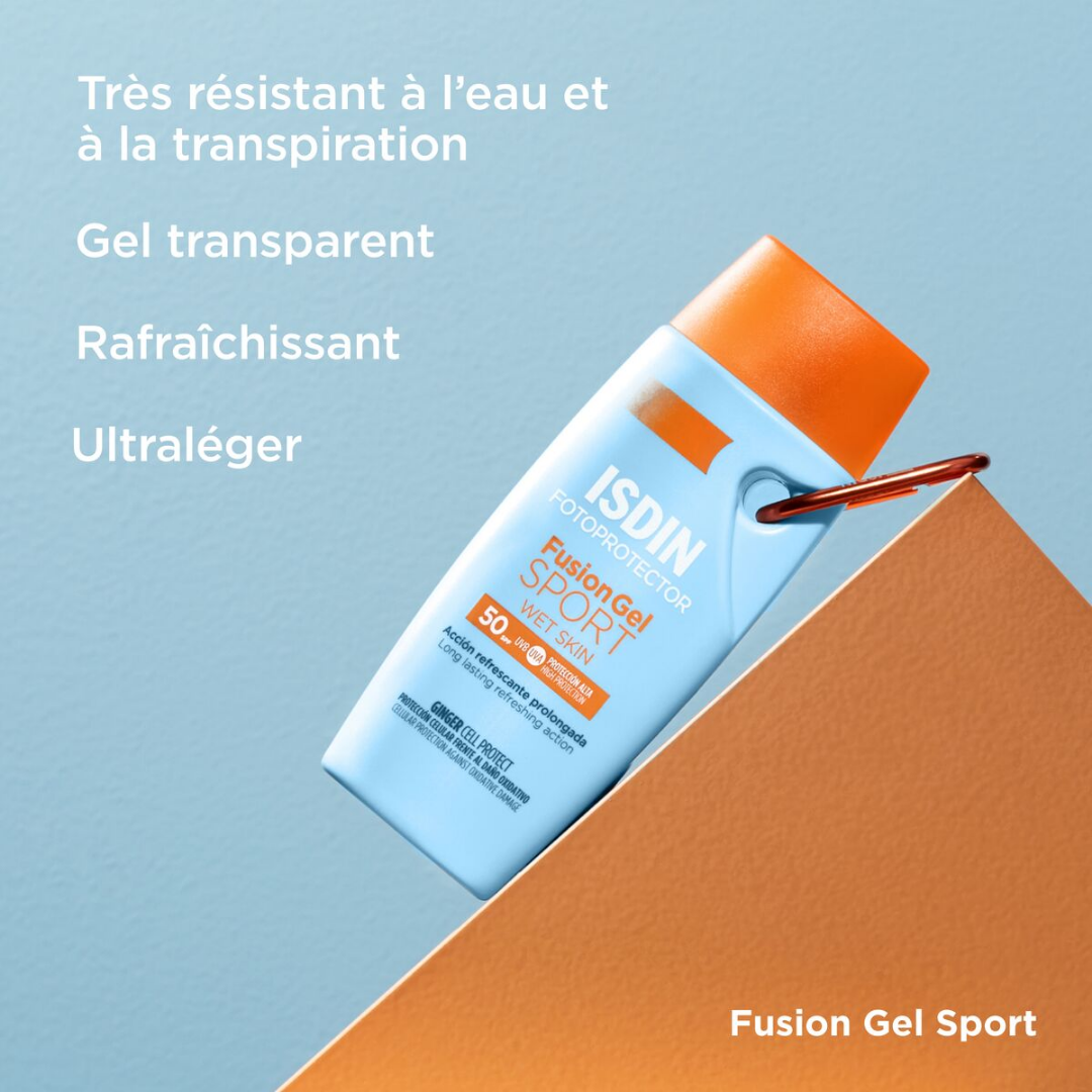 Fotoprotector ISDIN Fusion Gel Sport SPF 50 – gel solaire sportif invisible, rafraîchissant et résistant à l’eau, chez Laparadulac Parapharmacie Tunisie.