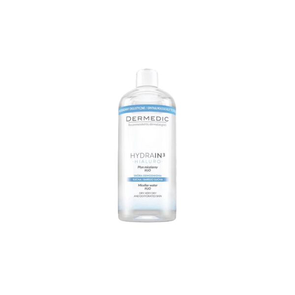 Dermedic Hydrain3 Eau Micellaire 500ml en Tunisie – eau micellaire hydratante, démaquille visage/yeux, nettoie en douceur, idéale peau sensible déshydratée, achat en ligne La Para du Lac laparadulac.com, livraison rapide, prix.