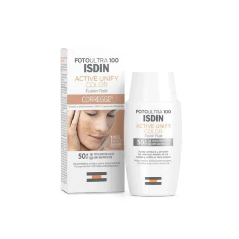 ISDIN FotoUltra 100 Active Unify Color SPF50+ flacon et boîte, correcteur de teint hydratant et anti-taches | La Para Du Lac