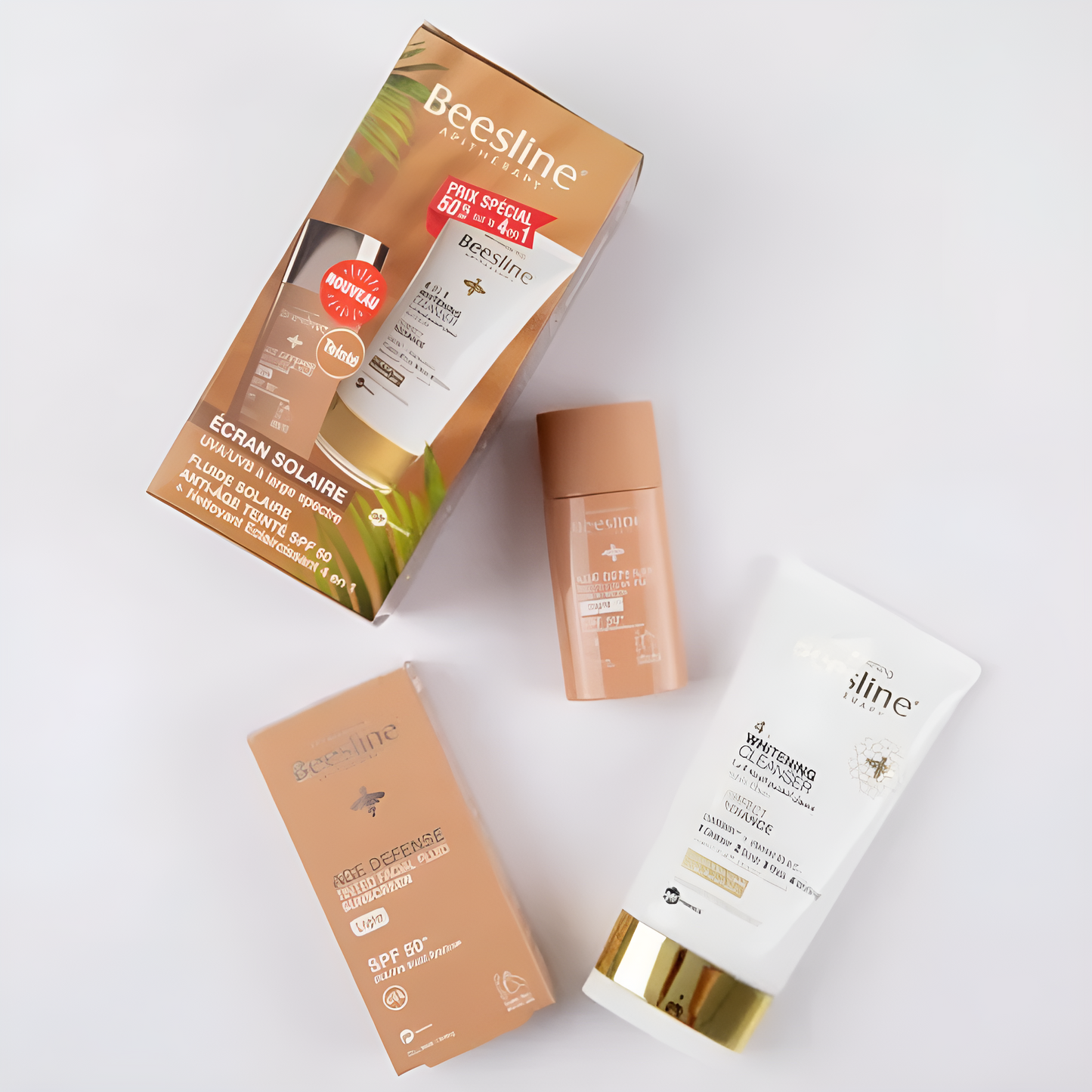 "BEESLINE écran solaire anti-âge SPF 50 & gel nettoyant 4en1 sur laparadulac.com, pack soin et protection visage."