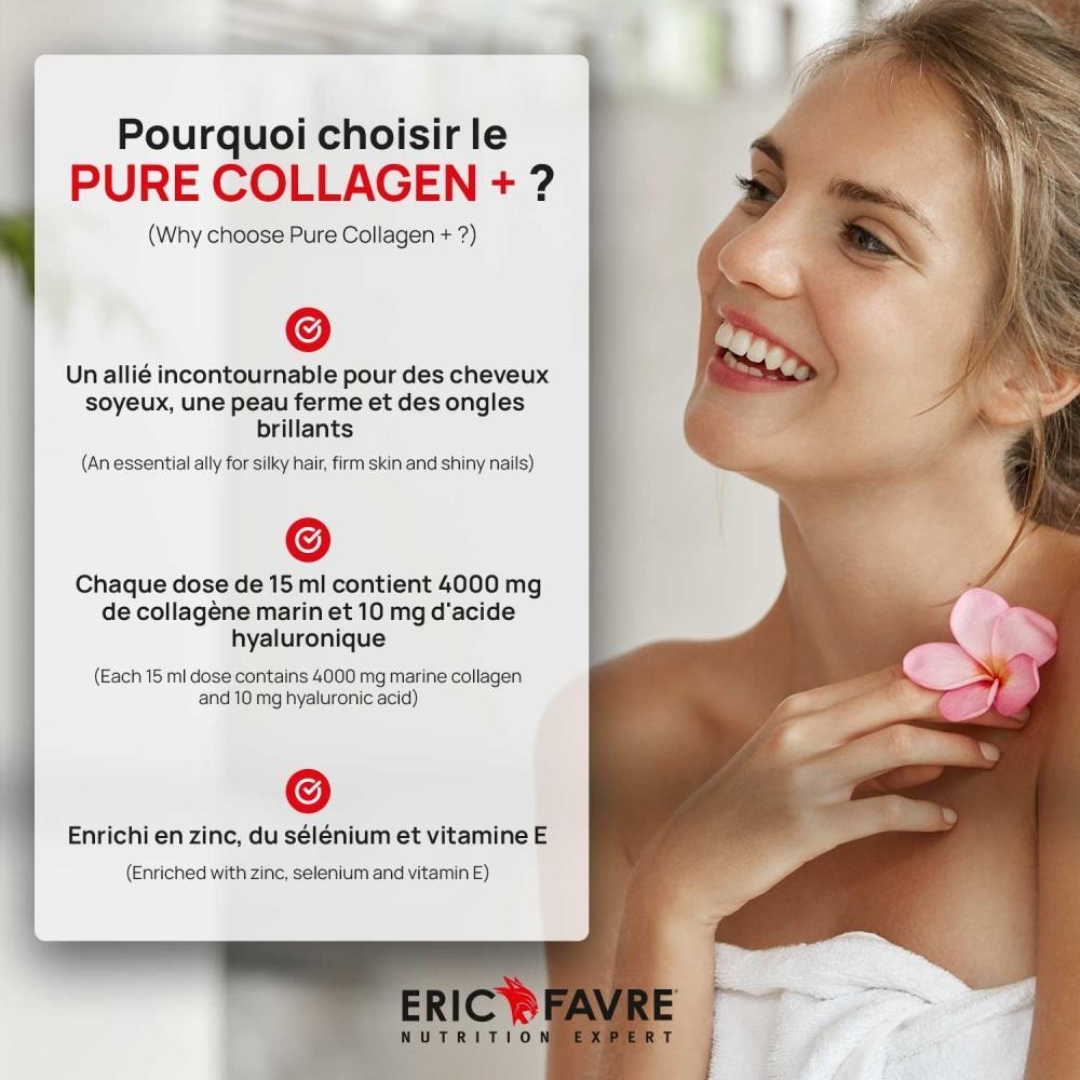 Photo du produit Eric Favre Pure Collagen+ en fioles – complément alimentaire beauté à base de collagène marin, hyaluronique, zinc et sélénium