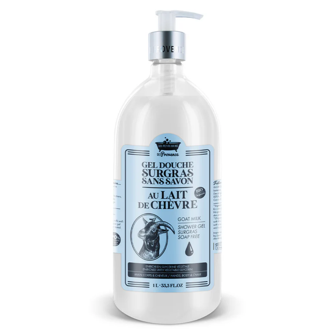 Gel douche Lait de Chèvre BIO Les Petits Bains de Provence 1L – soin naturel doux corps et cheveux
