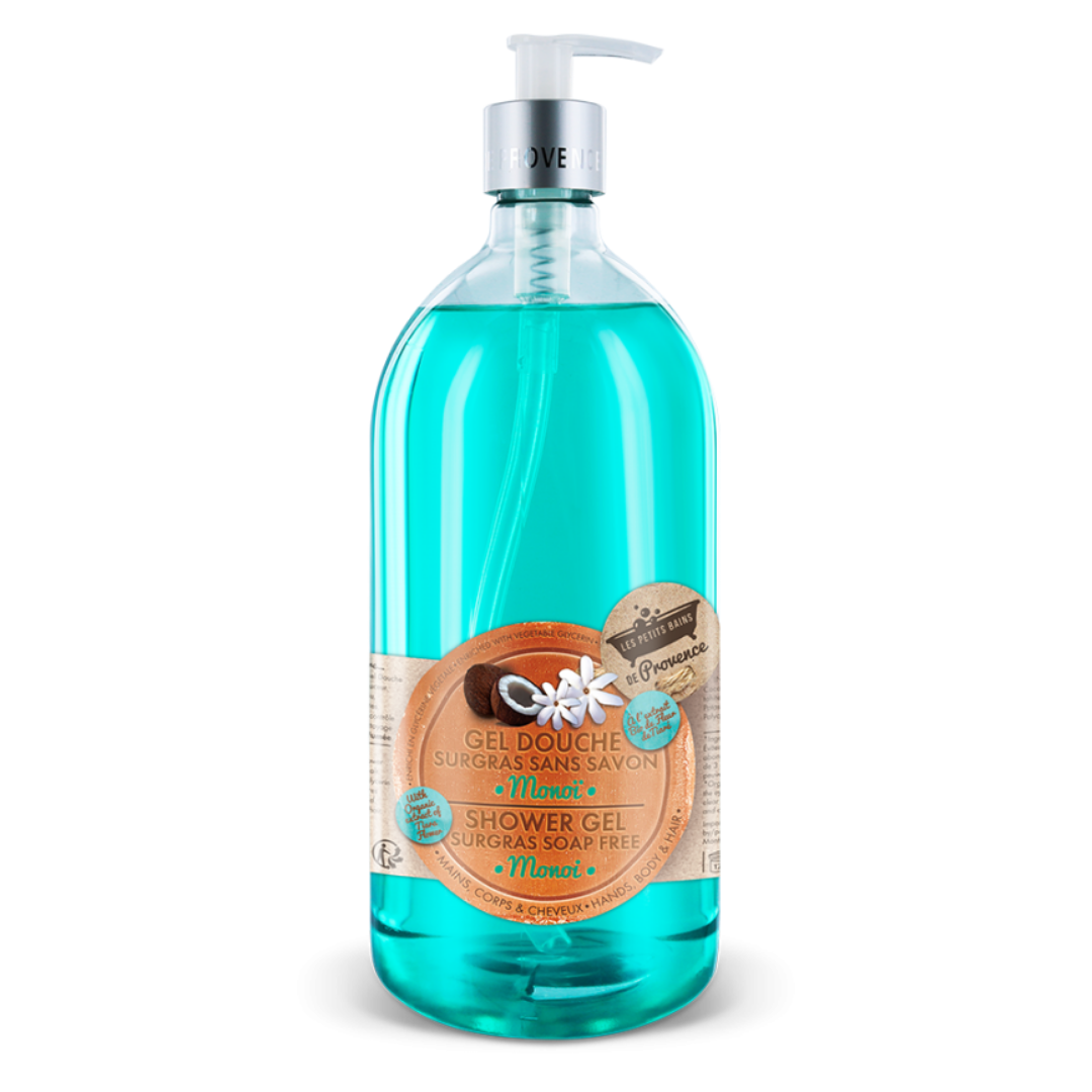 Gel douche Monoï Les Petits Bains de Provence 1L – soin exotique hydratant pour corps et cheveux
