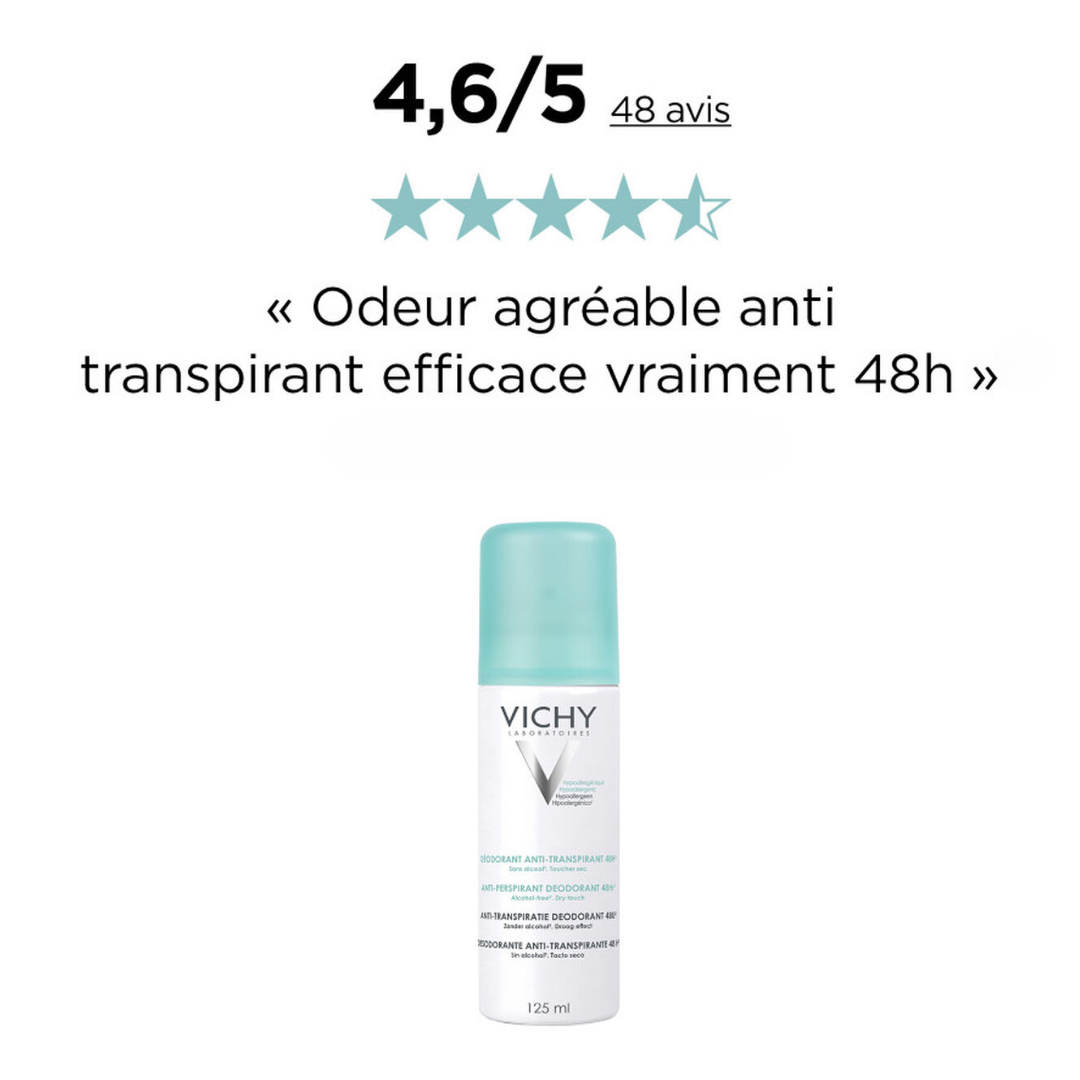 Vichy Spray anti-transpirant 48h, anti-traces jaunes et blanches, idéal pour peaux sensibles.
