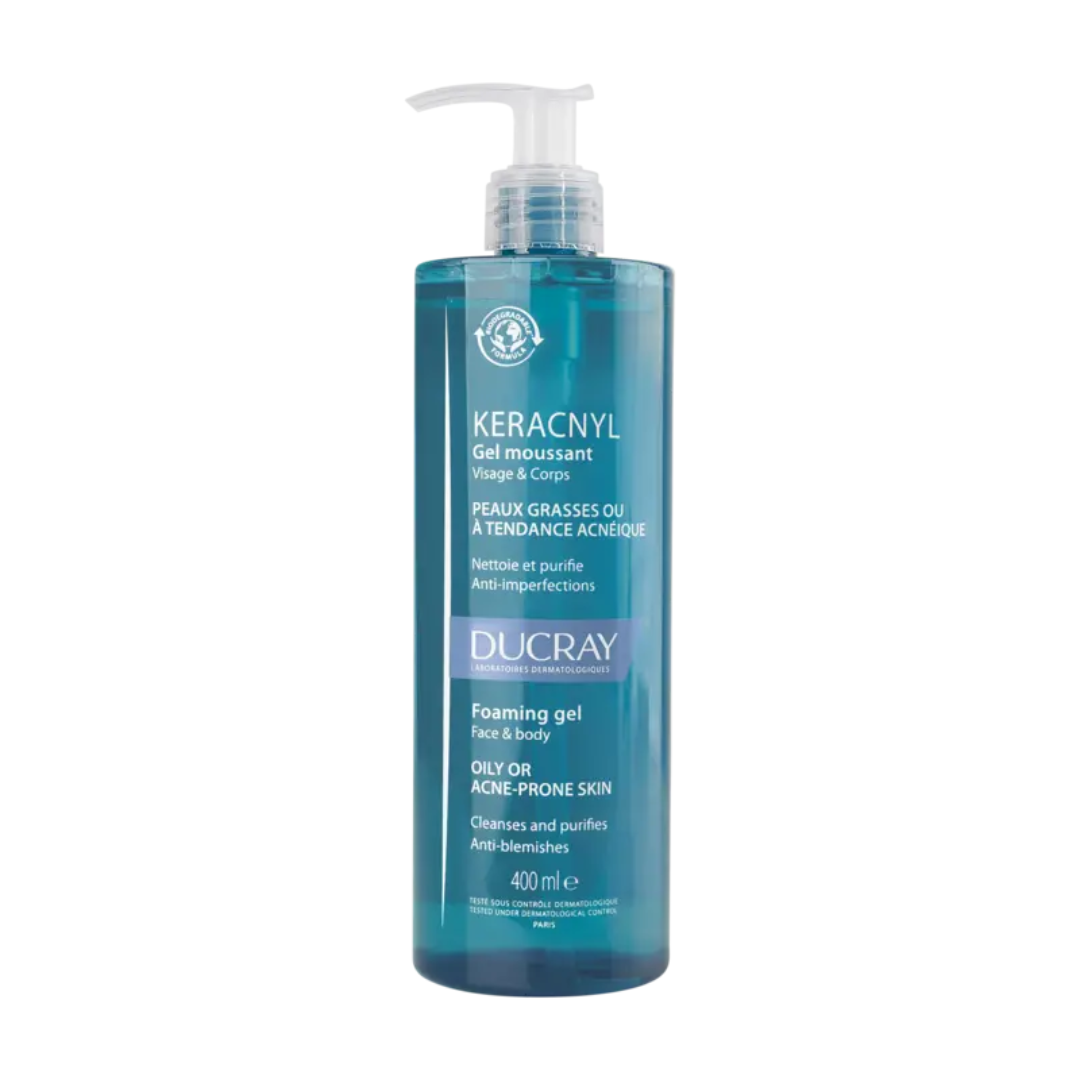 DUCRAY Keracnyl Gel Moussant 400ml – nettoyant anti-imperfections sur laparadulac.com, parapharmacie Tunisie pour peaux à tendance acnéique.