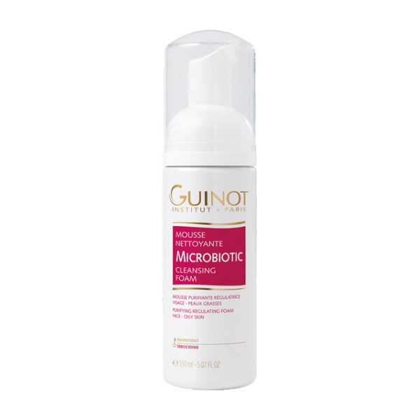 GUINOT Mousse Nettoyante Microbiotic – mousse visage purifiante peau grasse et à tendance acnéique, soin nettoyant équilibrant et anti-imperfections, cosmétique française Guinot, parapharmacie en ligne Tunisie, produits de beauté purifiants et anti-acné, soins visage professionnels, acheter Guinot Tunisie sur laparadulac.com