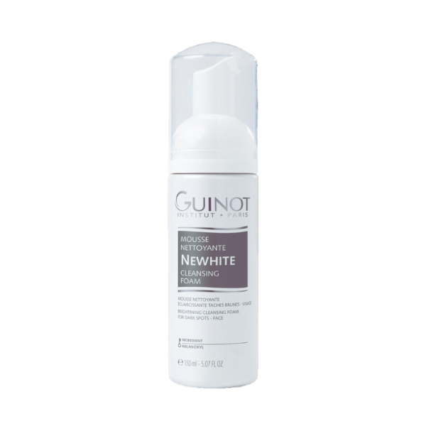 GUINOT NEWHITE Mousse Nettoyante – mousse visage éclaircissante et purifiante, soin nettoyant anti-taches, cosmétique française Guinot, parapharmacie en ligne Tunisie, produits dépigmentants et anti-âge, soins visage professionnels, acheter Guinot Tunisie sur laparadulac.com