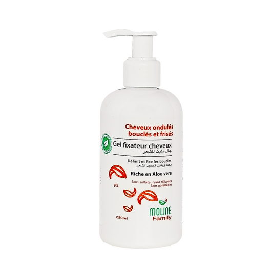 Gel Fixateur Cheveux Moline 250ml sur laparadulac.com, parapharmacie Tunisie : tenue durable, brillance naturelle, sans effet cartonné, pour tous types de cheveux.