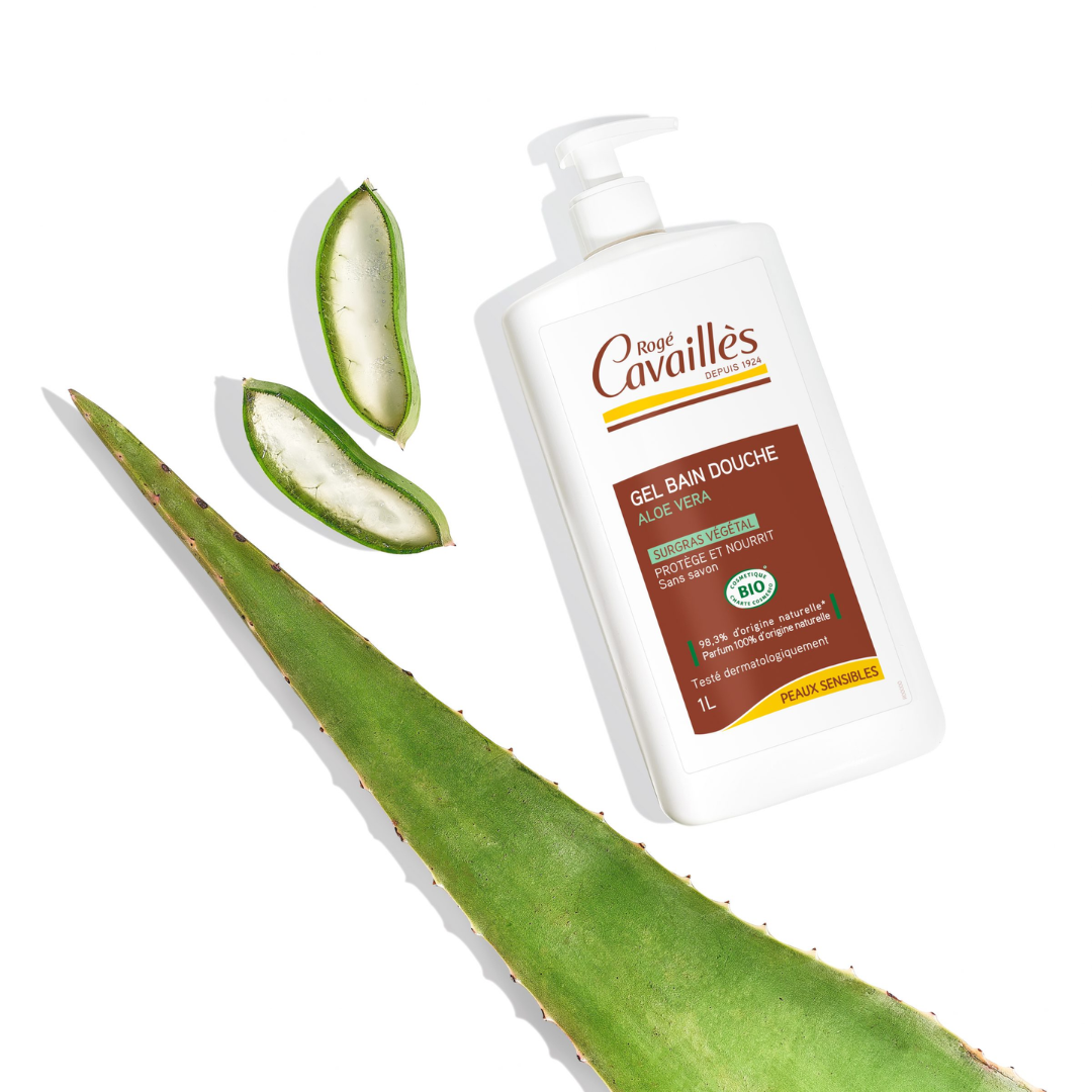 Gel douche Rogé Cavaillès à l’aloe vera pour peaux sensibles, disponible sur laparadulac.com, parapharmacie Tunisie, douceur et soin naturel.