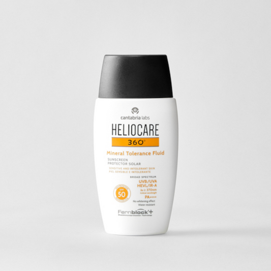 Heliocare 360° Mineral Tolerance Fluid SPF50+ – Écran solaire fluide 100% minéral, très haute protection SPF50+, spécial peaux sensibles et intolérantes – Disponible sur La Para du Lac, parapharmacie en ligne N°1 en Tunisie.