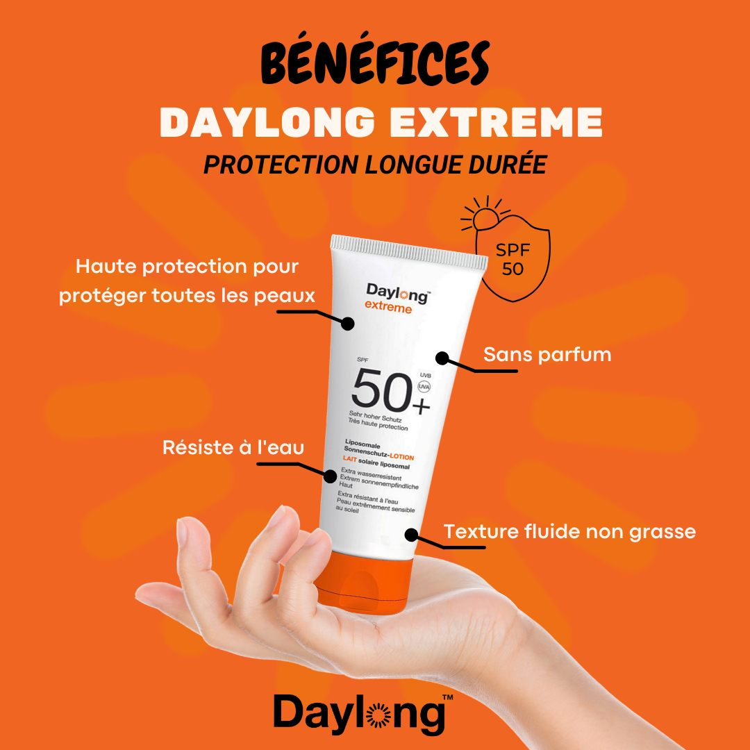 Lotion solaire liposomale DAYLONG SPF50+ 50ml disponible sur laparadulac.com, parapharmacie Tunisie, haute protection compacte pour peaux sensibles.