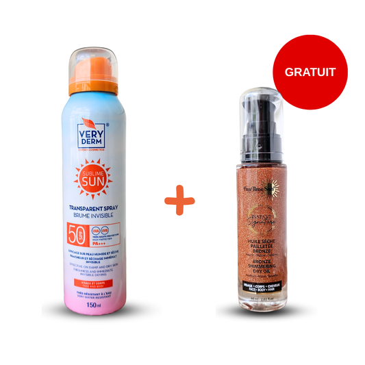 Découvrez le pack solaire Very Derm sur laparadulac.com, votre référence en parapharmacie Tunisie. Profitez d’une brume transparente SPF50+ pour visage et corps, accompagnée d’une huile offerte au choix : Monoï, Or ou Bronze. Un duo estival parfait pour protéger, hydrater et sublimer votre peau tout l'été.