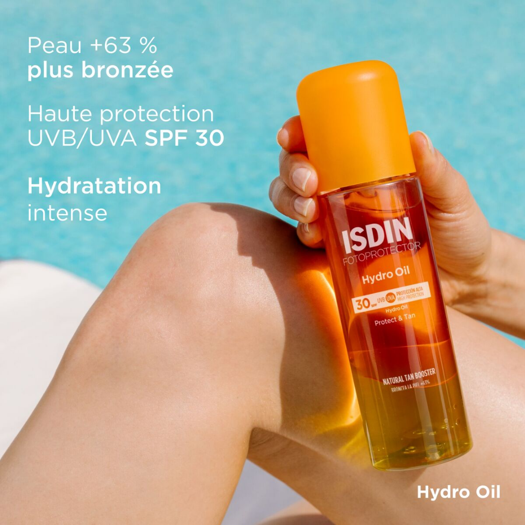 Fotoprotector ISDIN Hydro Oil SPF 30 – huile solaire biphasée pour corps, hydratante et bronzante, en vente chez Laparadulac Parapharmacie Tunisie.