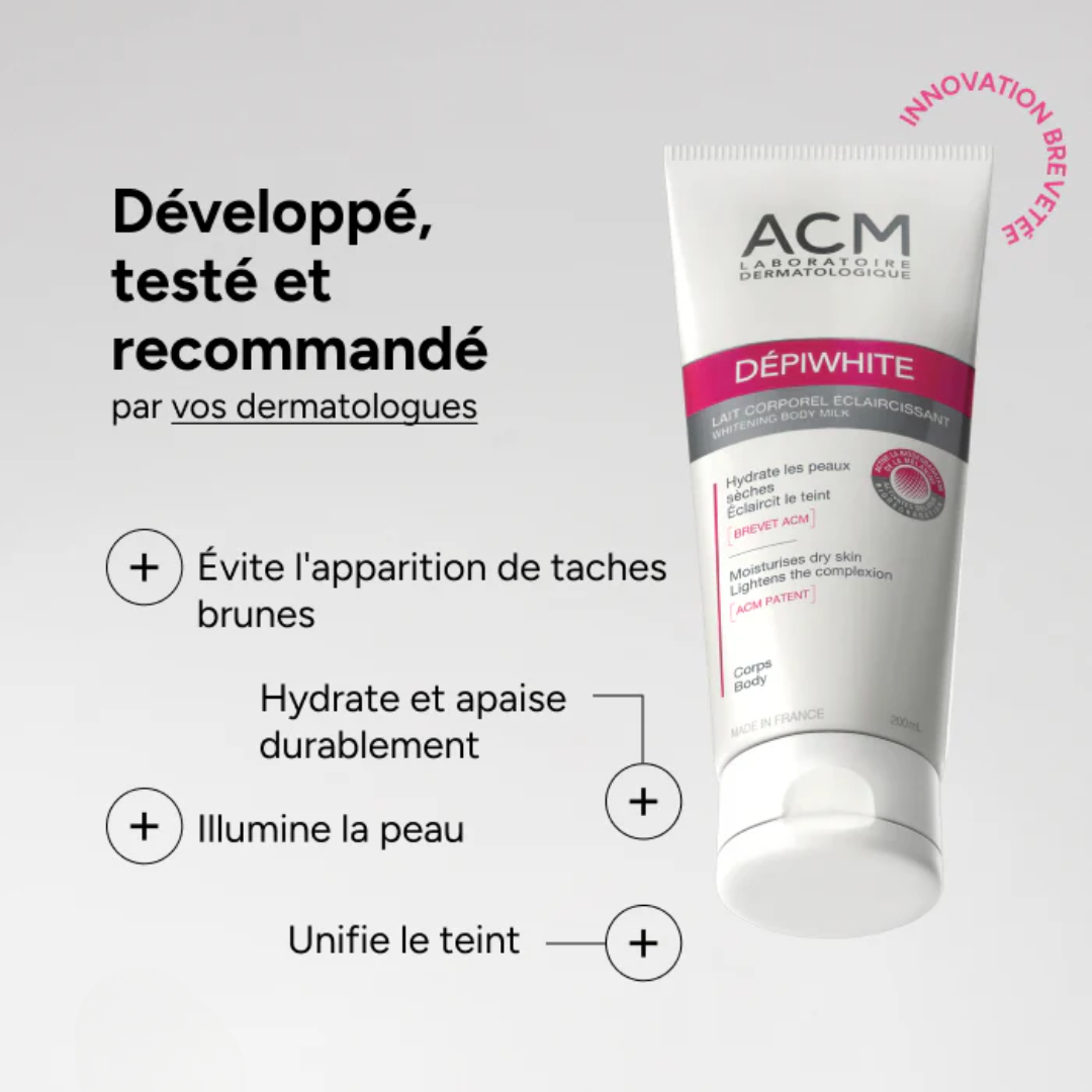 "ACM Depiwhite lait éclaircissant 200 ml sur laparadulac.com, parapharmacie Tunisie, soin hydratant et anti-taches pour peau sèche et teint uniforme."