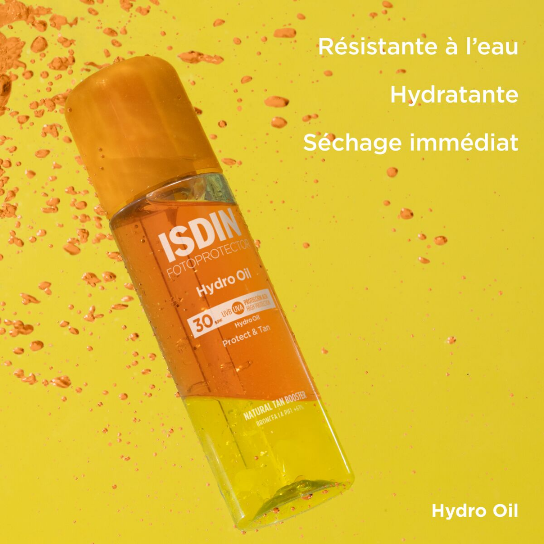 Fotoprotector ISDIN Hydro Oil SPF 30 – huile solaire biphasée pour corps, hydratante et bronzante, en vente chez Laparadulac Parapharmacie Tunisie.