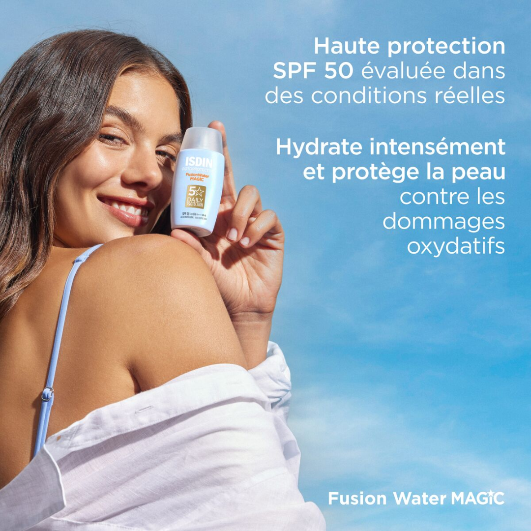 Photo du produit ISDIN Fusion Water MAGIC SPF50 chez Laparadulac Parapharmacie Tunisie. Crème solaire visage légère et hydratante.