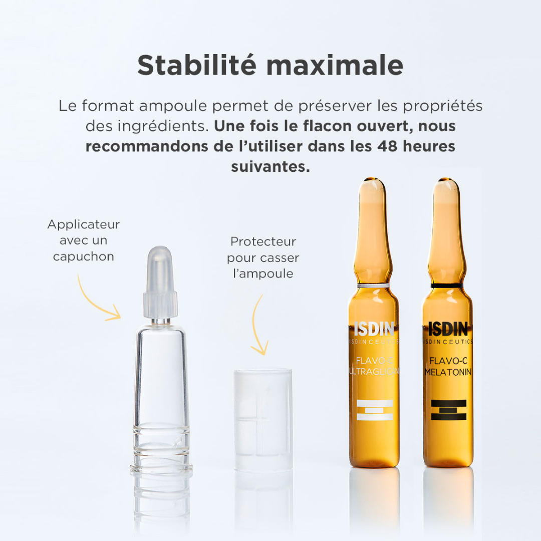 ISDIN ISDINCEUTICS Flavo-C Melatonin & Ultraglican 2x10 ampoules – Routine antioxydante jour/nuit – Disponible sur laparadulac.com – Laparadulac Parapharmacie Tunisie.