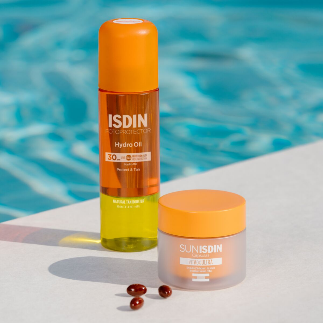 Fotoprotector ISDIN Hydro Oil SPF 30 – huile solaire biphasée pour corps, hydratante et bronzante, en vente chez Laparadulac Parapharmacie Tunisie.