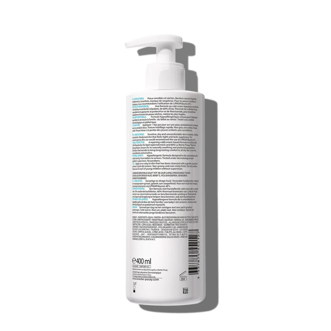 Flacon de 400ml du La Roche-Posay Lipikar Lait Urea 10%, lait hydratant pour peaux très sèches et rugueuses.